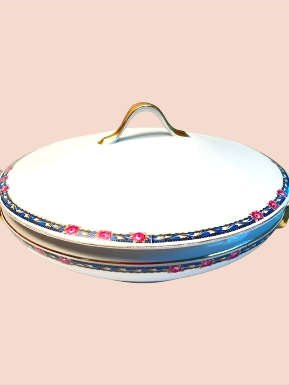 VINTAGE Covered Vegetable Dish with Gold Handles Navy Blue band of flowers - Picture 10 of 16